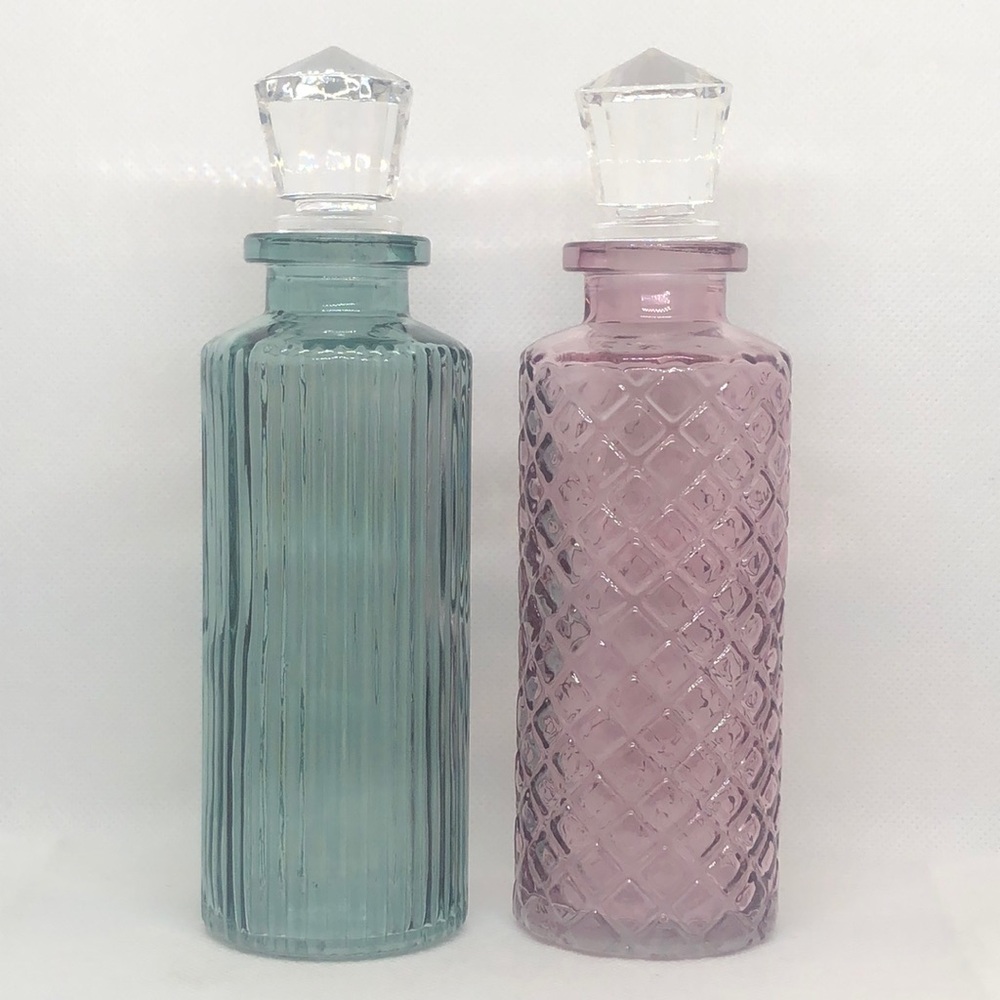 Seafoam Blue Green & Purple Lilac Glass Jars with Clear Crystal Tops NWT 6.5”